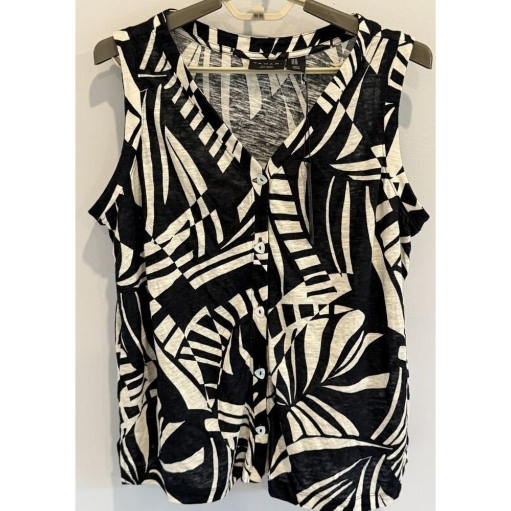 Tahari Black Cream Print Button Front Sleeveless Shirt Linen Lyocell 1X NEW